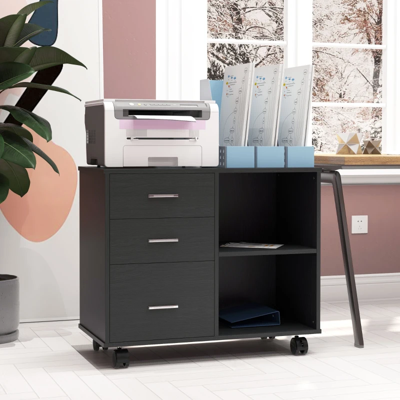 HOMCOM Modern Lateral Filing Cabinet, 3 Drawer File Cabinet for Letter and A4 Size Documents, Mobile, Printer Stand with Open Shelves, Rolling Wheels, Black