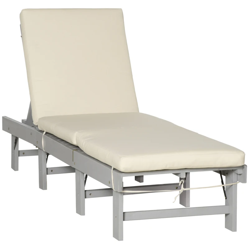 Outsunny Wooden Folding Chaise Lounge, Outdoor Chaise Lounge Chair, Garden Reclining Tanning Chair with 4 Adjustable Back Soft Cushions, Light Grey