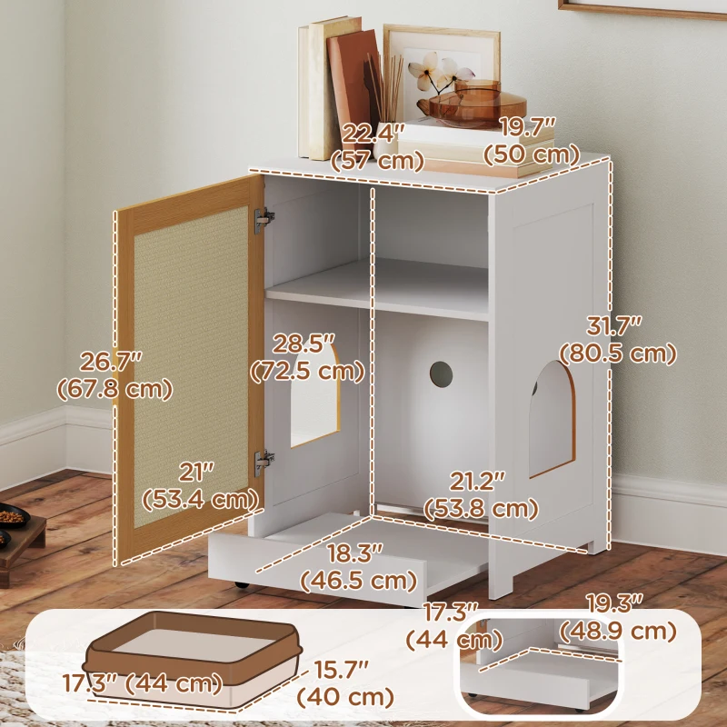 PawHut Cat Litter Box Enclosure, Hidden Litter Box Furniture with Pull-Out Tray, Storage Cabinet, Scratching Mat, Oak