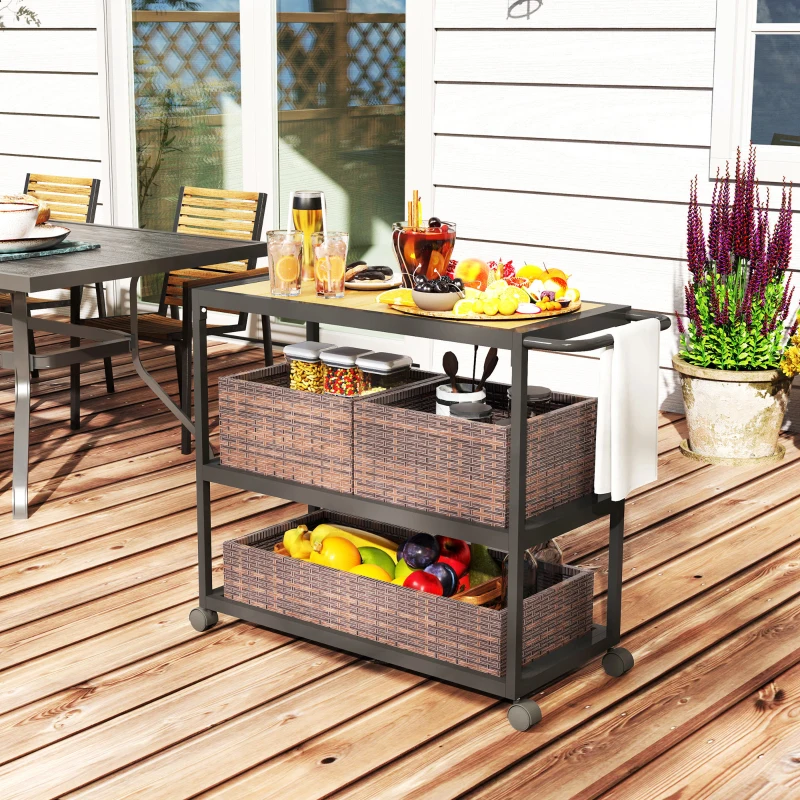 Outsunny Outdoor Bar Cart with Side Handle, 3-Tier Rolling Cart on Wheels with Removable Rattan Basket, Mixed-Brown
