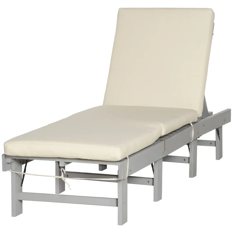 Outsunny Wooden Folding Chaise Lounge, Outdoor Chaise Lounge Chair, Garden Reclining Tanning Chair with 4 Adjustable Back Soft Cushions, Light Grey