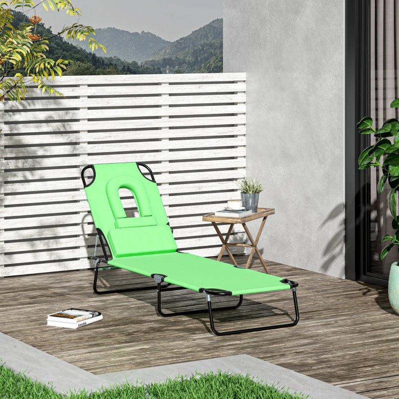 Outsunny Adjustable Outdoor Lounge Chair, Garden Folding Chaise Lounge with Face Hole Reclining Tanning Chair Seat, Folding Camping Beach Lounging Bed w/ Support Pillow, Green