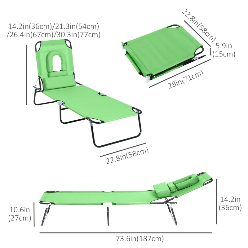 Outsunny Adjustable Outdoor Lounge Chair, Garden Folding Chaise Lounge with Face Hole Reclining Tanning Chair Seat, Folding Camping Beach Lounging Bed w/ Support Pillow, Green