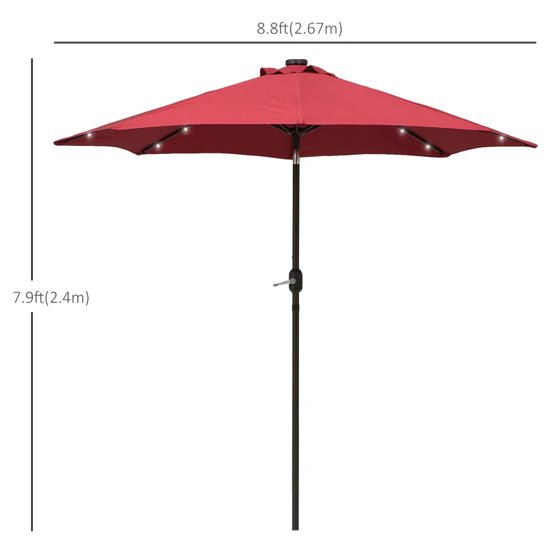 Outsunny 9ft Solar Patio Umbrella Outdoor Sunshade 24 LED Lights Tilt Canopy, Wine Red