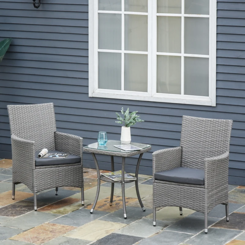 Outsunny 3 Pieces Wicker Patio Furniture Set, Rattan Bistro Set with Glass Top Coffee Table and Cushions, Outdoor Conversation Set for Garden, Porch, Balcony, Grey