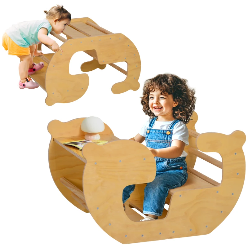 Qaba 2 in 1 Wooden Toddler Climbing Toy Indoor, Kids Table and Chair Set