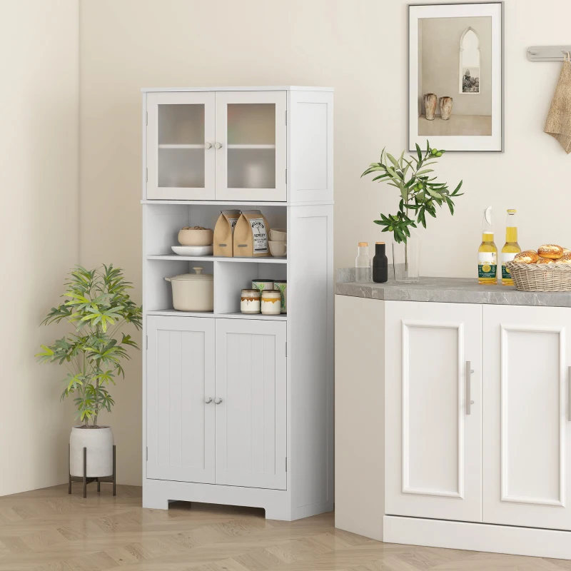 HOMCOM 57" Kitchen Pantry, Freestanding Pantry Storage Cabinet with Glass Doors, Adjustable Shelves, Open Compartments, White