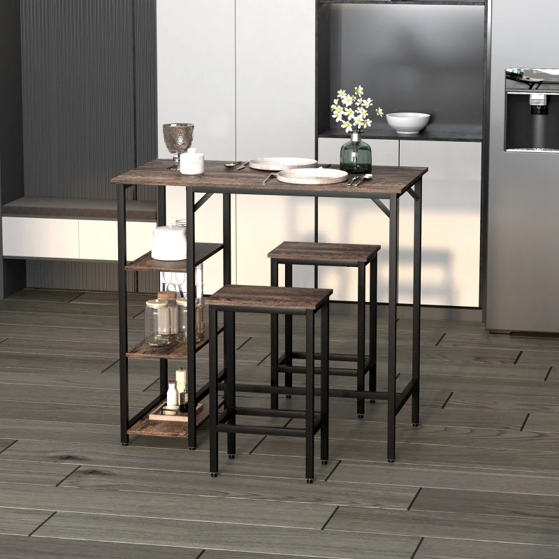 HOMCOM Industrial Dining Table Set for 2, Bar Table and Stools Set, Counter Height Kitchen Table with Chairs with Storage Shelf, Rustic Brown