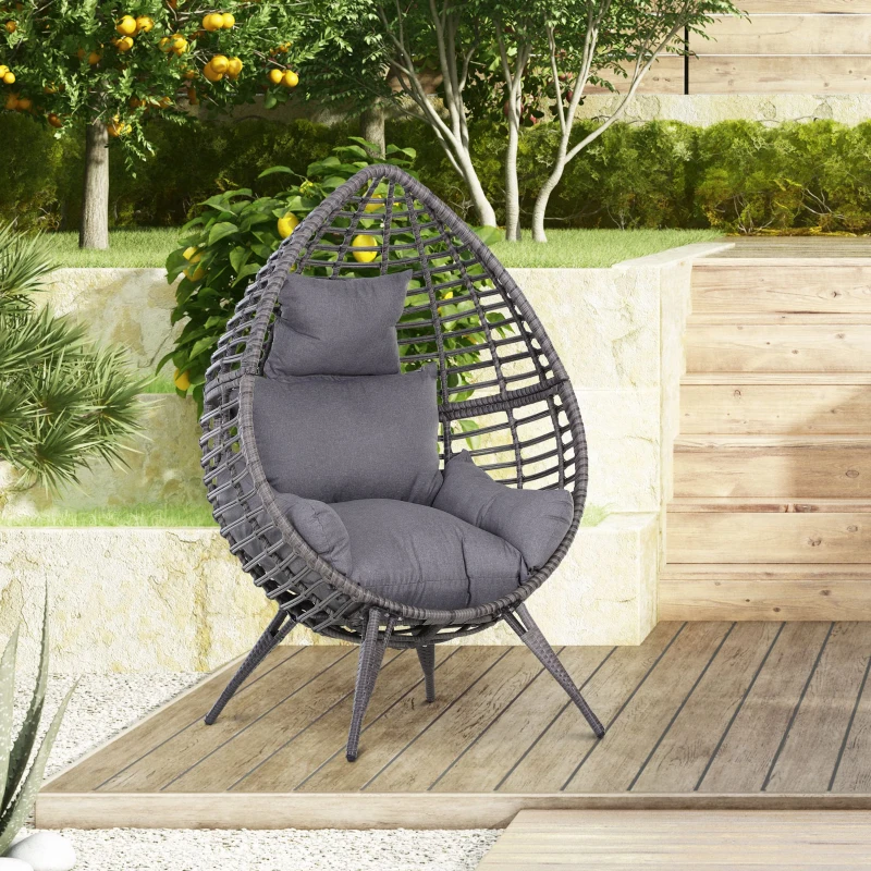 Outsunny Outdoor/Indoor Rattan Chair with Soft Cushion, Wicker Egg Lounge Chair for Backyard Garden Balcony Lawn, Grey