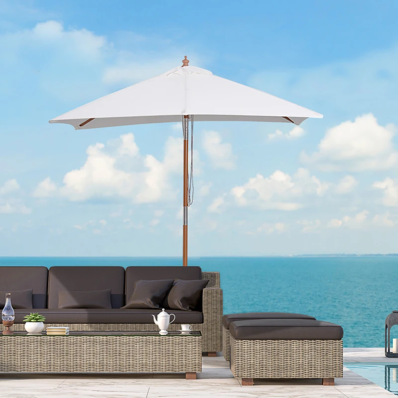 Outsunny 6.6x5ft Fir Wooden Patio Umbrella Square Market Parasol Tilt Mechanism 6 Ribs Garden Sunshade, Cream White