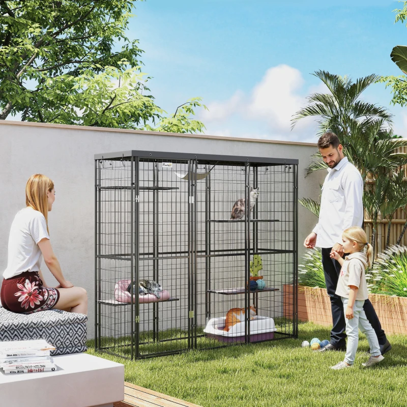 PawHut Weld Wire Catio Outdoor Indoor with Waterproof Cover, 4 Jumping Platforms, Hammock, 69" x 22" x 62", Black
