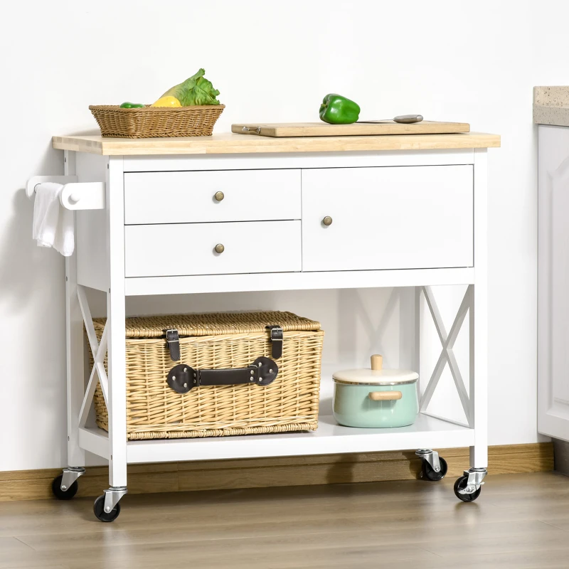 HOMCOM Utility Kitchen Cart Rolling Kitchen Island Storage Trolley with Rubberwood Top, 2 Drawers, Towel Rack, White