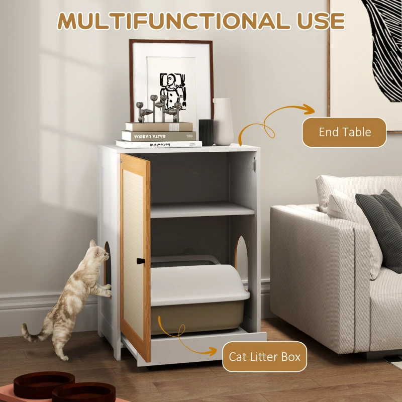 PawHut Cat Litter Box Enclosure, Hidden Litter Box Furniture with Pull-Out Tray, Storage Cabinet, Scratching Mat, Oak