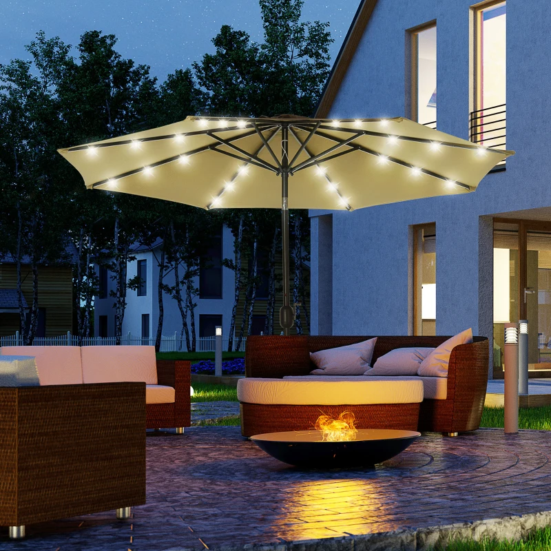 Outsunny 9ft Solar Patio Umbrella Outdoor Sunshade 24 LED Lights Tilt Canopy, Brown