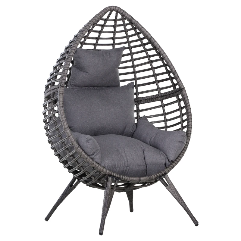 Outsunny Outdoor/Indoor Rattan Chair with Soft Cushion, Wicker Egg Lounge Chair for Backyard Garden Balcony Lawn, Grey