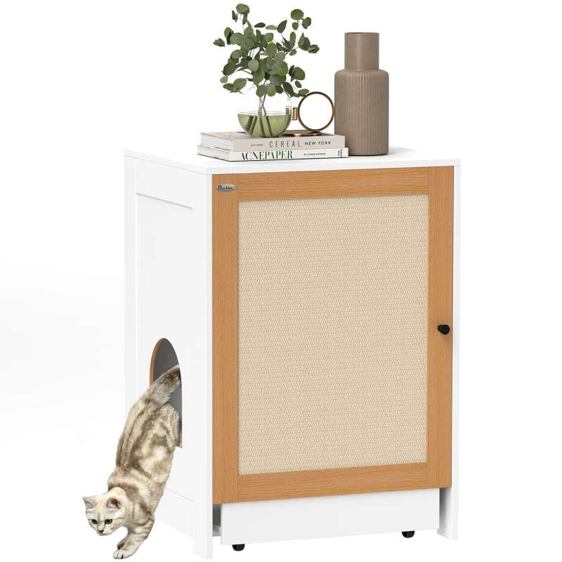 PawHut Cat Litter Box Enclosure, Hidden Litter Box Furniture with Pull-Out Tray, Storage Cabinet, Scratching Mat, Oak