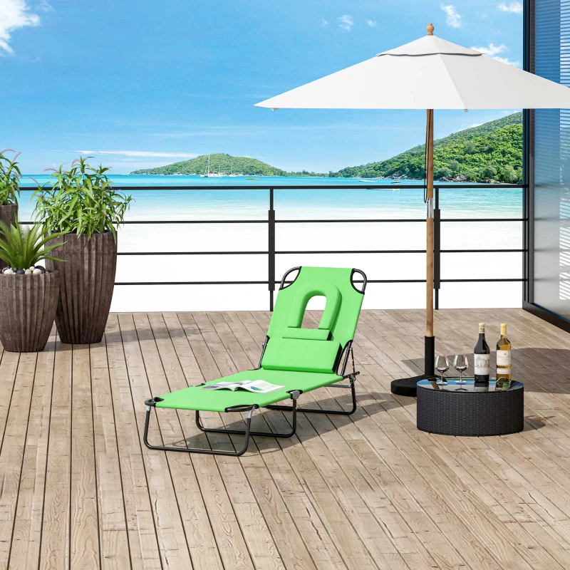 Outsunny Adjustable Outdoor Lounge Chair, Garden Folding Chaise Lounge with Face Hole Reclining Tanning Chair Seat, Folding Camping Beach Lounging Bed w/ Support Pillow, Green