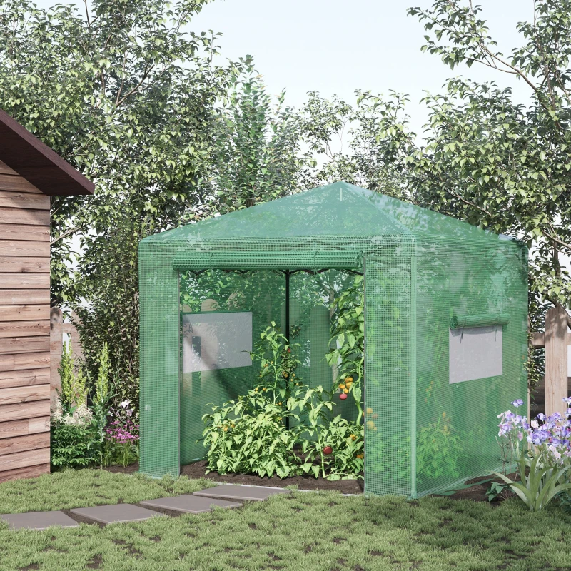 Outsunny 8' x 6' Portable Pop Up Greenhouse, Outdoor Walk-in Hot House with Roll-up Door & 2 Windows, Foldable Garden Green House for Plants Herbs Vegetables, Green