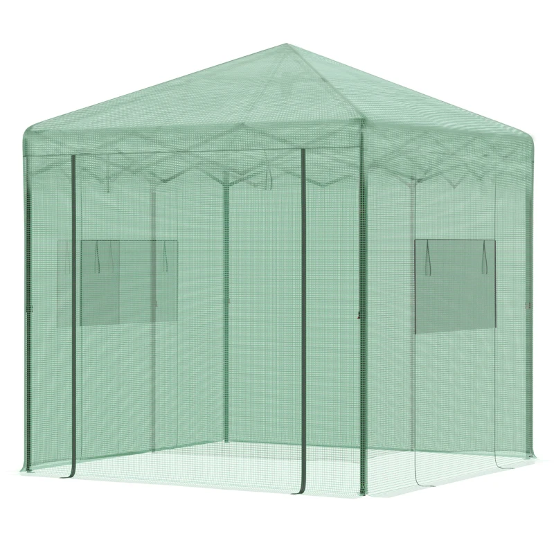 Outsunny 8' x 6' Portable Pop Up Greenhouse, Outdoor Walk-in Hot House with Roll-up Door & 2 Windows, Foldable Garden Green House for Plants Herbs Vegetables, Green