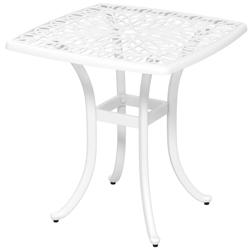 Outsunny 21" Square Outdoor End Table, Cast Aluminum Patio Side Table with Umbrella Hole for Garden, Balcony, Poolside, White