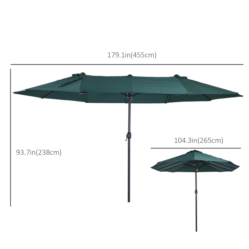 Outsunny 15ft Double-sided Patio Umbrella with Twin Canopy, Extra Large Outdoor Parasol with Crank for Pool, Deck, Market, Dark Green