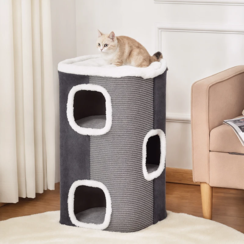 PawHut 4-Story Cat House for Indoor, Cat Condo with Sisal Scratching Surface, Removable Cushion, 16" x 16" x 29", Grey