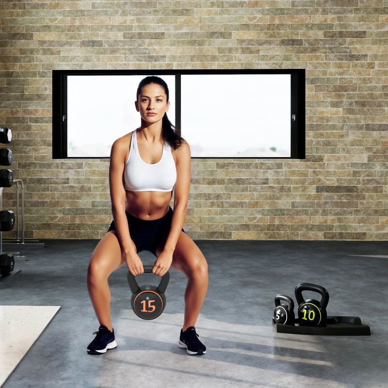 Soozier Three-Piece Kettlebell Set Weights with Storage Stand for Home Gym Weight Lifting Training, 5lbs, 10lbs, 15lbs (2.2kg, 4.5kg, 6.8kg)