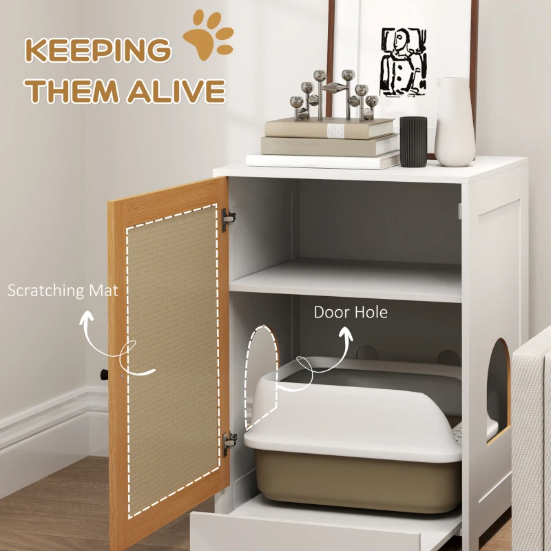 PawHut Cat Litter Box Enclosure, Hidden Litter Box Furniture with Pull-Out Tray, Storage Cabinet, Scratching Mat, Oak