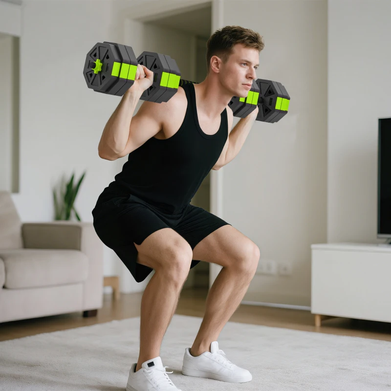 Soozier 4-in-1 Adjustable Dumbbell Set, Used as Kettlebell, Barbell, Dumbbell, Push-Up Stand, 66lbs Free Weights Set, Green