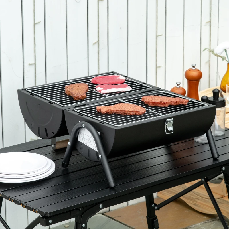 Outsunny Portable Outdoor Charcoal BBQ Grill, Tabletop Folding Barbecue Grill BBQ Heat Smoker with Handle, Black