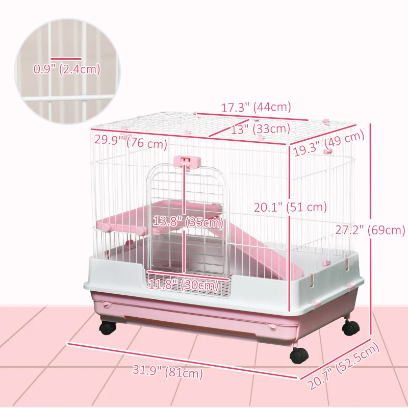 PawHut 32"L 2-Level Small Animal Cage with Universal Lockable Wheels, Pink