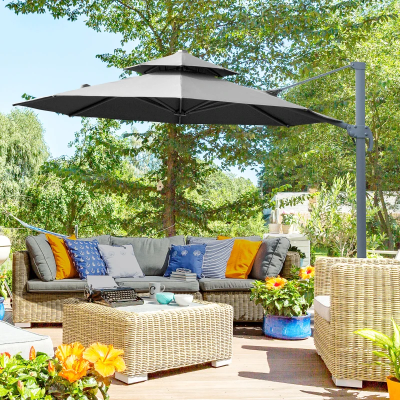 Outsunny 11ft Outdoor Cantilever Umbrella Rotatable Sun Shade Aluminum Market Umbrella with Adjustable Angle & Double-top Canopy for Backyard, Poolside, Lawn and Garden Dark Grey