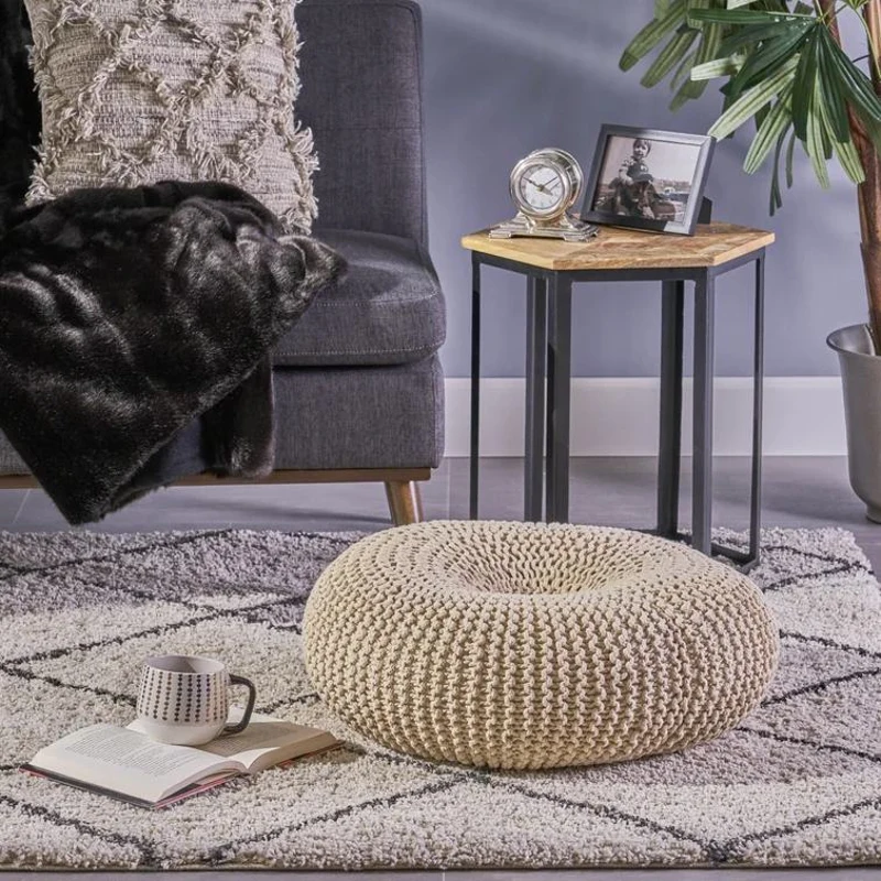 Everett Knitted Cotton Donut Pouf Crafted from 100% Cotton, Seating with Versatile Footrest or Extra Seat, 24.5" L x 24.5" W x 11" H, Beige