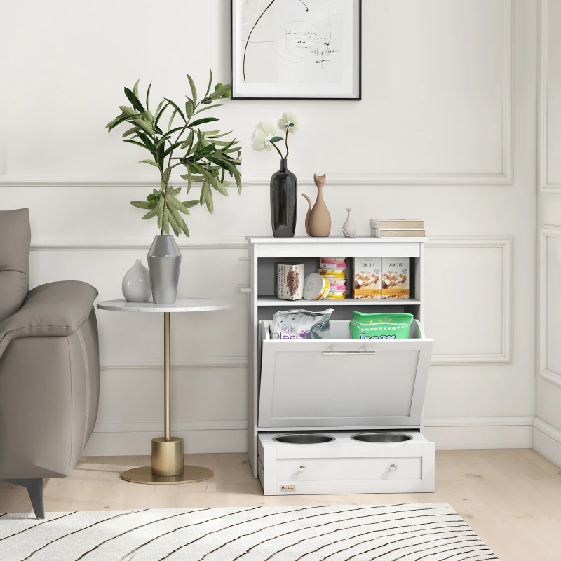 PawHut Pet Feeder Station Storage Cabinet, Dog Food Storage Container with Dog Raised Bowls, Watering Supplies, Gray