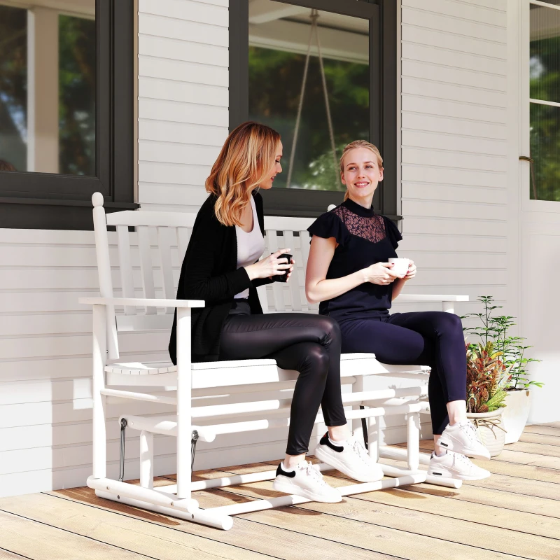 Outsunny Wooden Patio Glider Bench, Wood Log Outdoor Loveseat with High Back and Armrests, Heavy Duty 550lbs Capacity, 2-Seat, White
