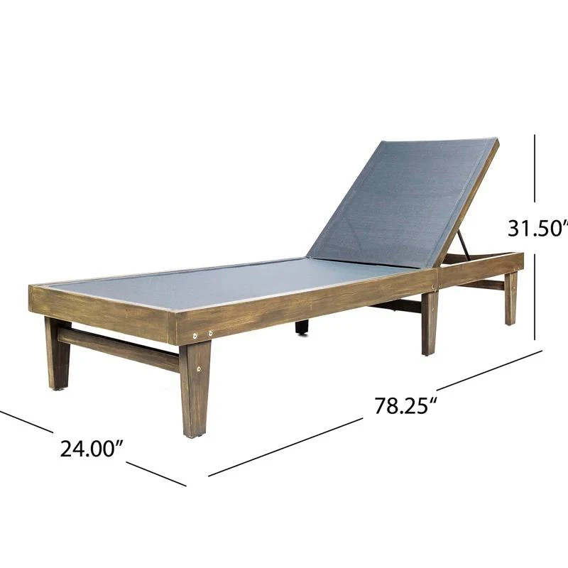 Outdoor Acacia Chaise Lounge with Adjustable Backrest, Foldable Legs Designed for Sunbathing, 78" L x 24" W x 31.5" H, Dark Gray