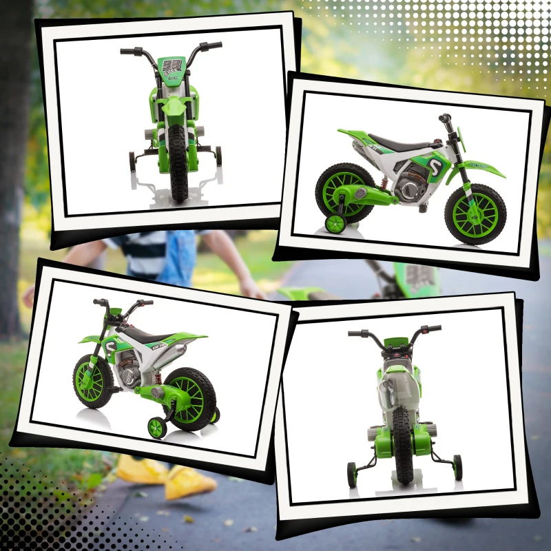 Aosom 12V Kids Motorcycle w/ Treaded Tires, 5mph Top Speed Electric Bike for Kids, Ride On Motorcycle w/ Training Wheels, Battery Charger, Spring Suspension, Green(m-8)