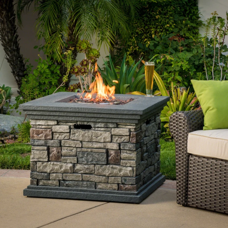 40000 BTU Stone Square MGO Fire Pit with Stylish Square Design, Built-in Tank Space, 32" L x 32" W x 24" H, Stone Gray