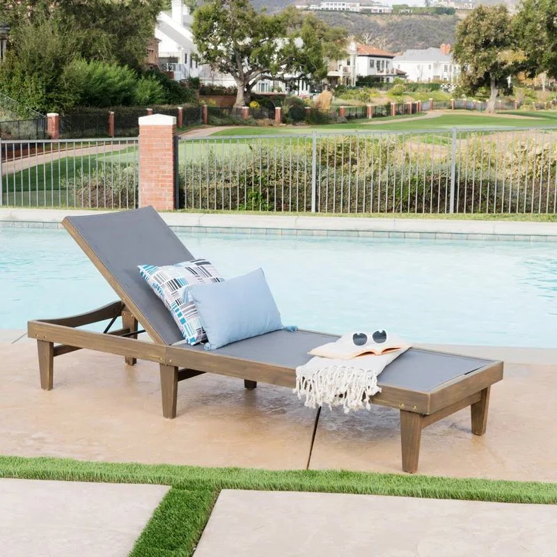 Outdoor Acacia Chaise Lounge with Adjustable Backrest, Foldable Legs Designed for Sunbathing, 78" L x 24" W x 31.5" H, Dark Gray