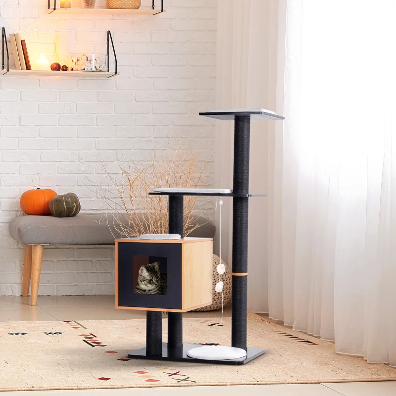PawHut 47.2" Cat Tree, Kitten Scratcher, Activity Center, Play House with Condo Sisal, Scratching Post, and Mat, Black