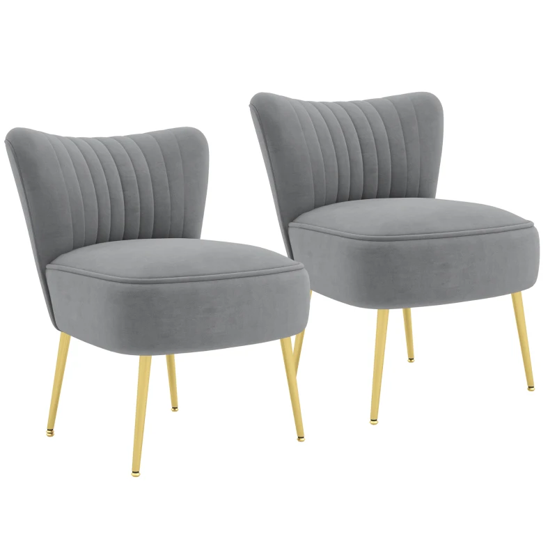HOMCOM Velvet Lounge Chairs Set of 2, Modern Accent Chairs for Living Room with Gold Steel Legs and Tufting Backrest, Grey