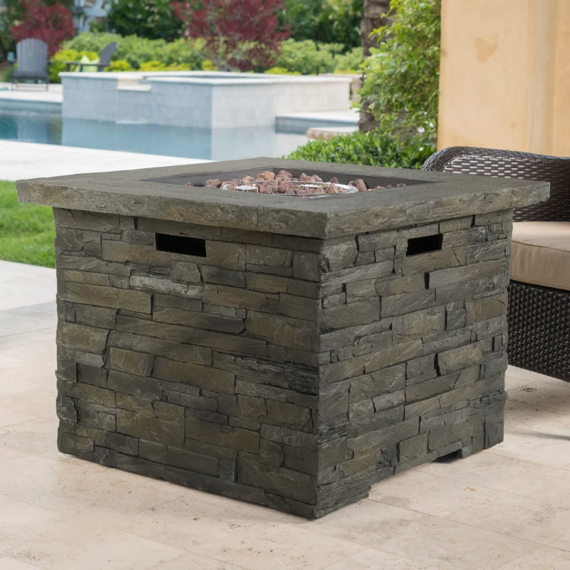 40,000 BTU Outdoor Square MGO Fire Pit with Natural Stone Finish, Perfect for Social Gatherings, 33" L x 33" W x 24.5" H, Stone Gray