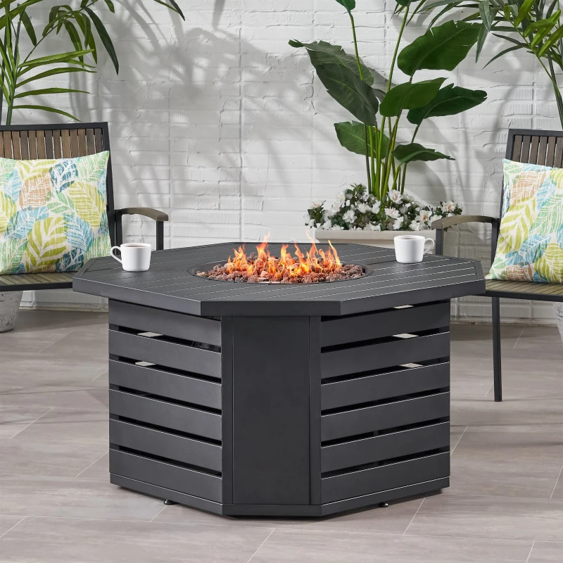 50000 BTU Octagonal Iron Fire Pit with Rust-Resistant Coating, Durable Iron, Built-in Propane Tank Space, 42" L x 42" W x 24" H, Black