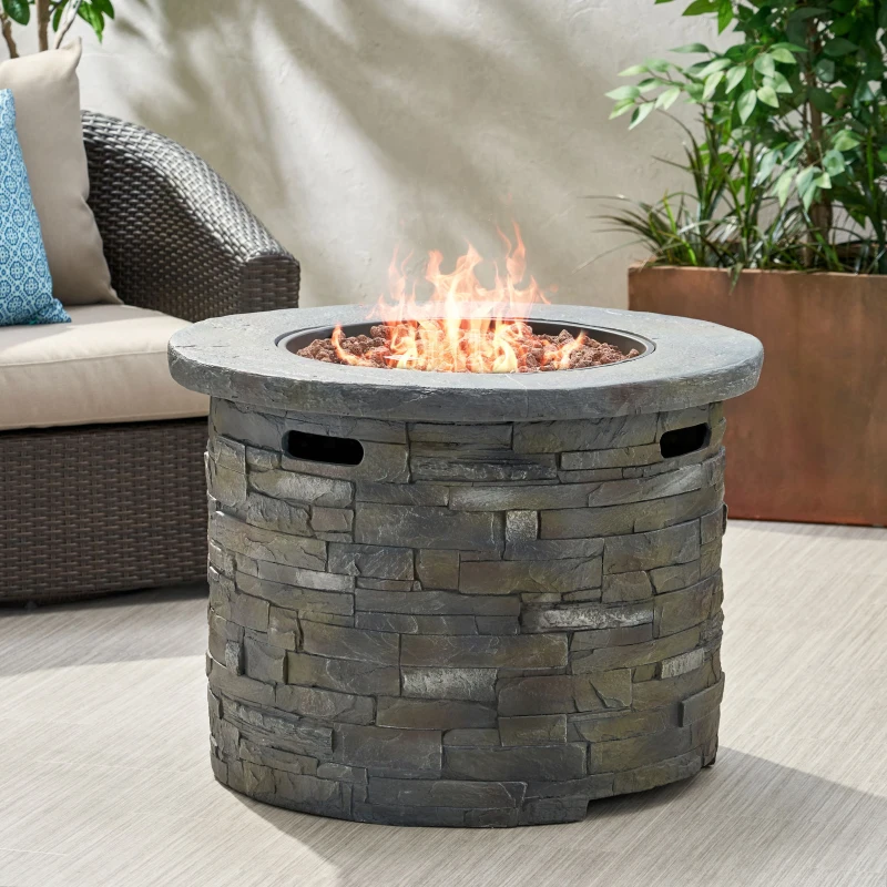 40,000 BTU Stone Circular Fire Pit Perfect for Family Gathering, Round Outdoor Firepit with Slipcover, 33" L x 24" H, Stone Gray