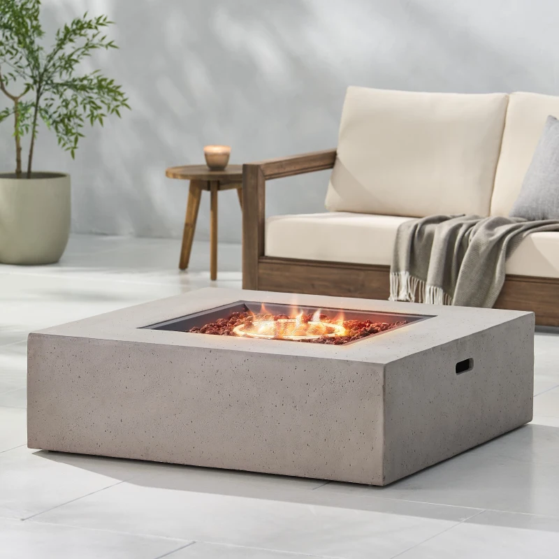 50,000 BTU Square MGO Fire Table for Effortless Warmth, Modern Design with Lightweight Concrete, 40" L x 40" W x 12.5" H, Light Gray