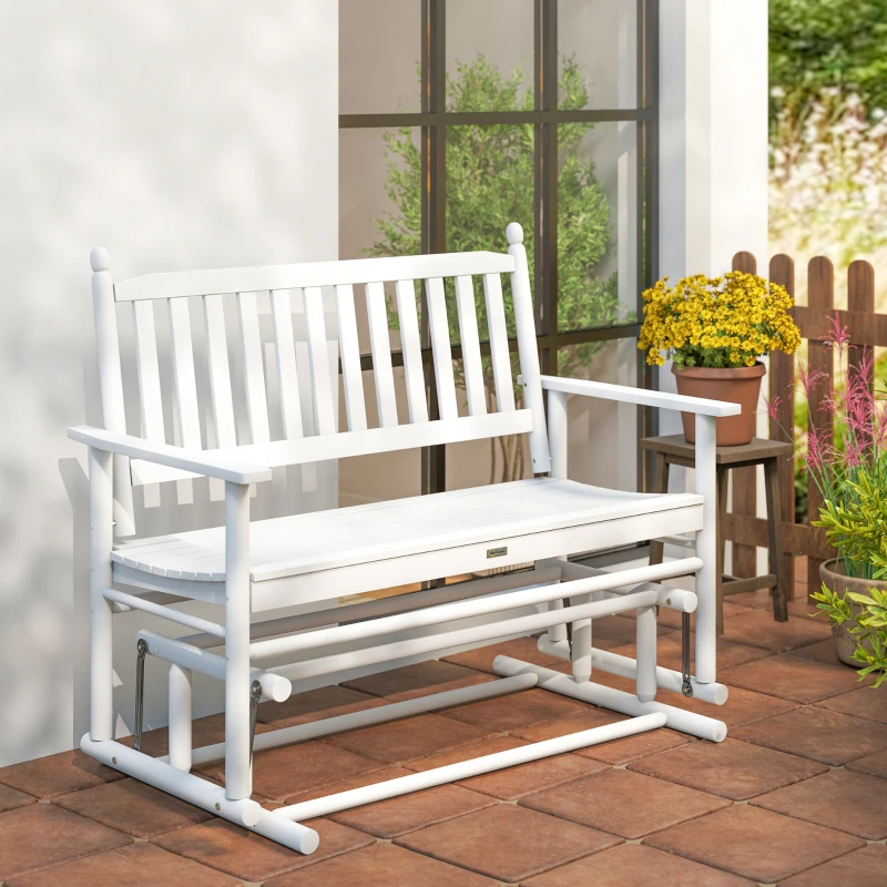 Outsunny Wooden Patio Glider Bench, Wood Log Outdoor Loveseat with High Back and Armrests, Heavy Duty 550lbs Capacity, 2-Seat, White