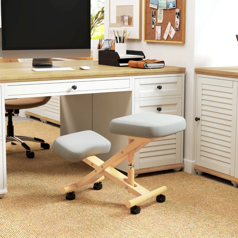 HOMCOM Ergonomic Kneeling Chair, Adjustable Wood Knee Stool with Cushion for Home, Posture Knee Chair with Casters, Cream White