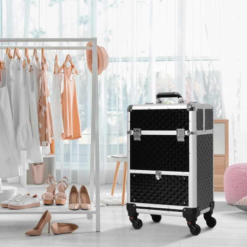 HOMCOM Portable Aluminum Makeup Train Cases, Rolling Makeup Case, Salon Beauty Cosmetic Jewelry Organizer Trolley with 4 Wheels, Black