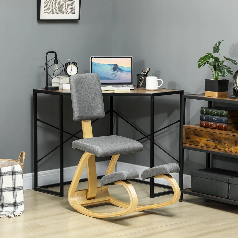 HOMCOM Ergonomic Kneeling Chair, Rocking Wood Kneel Stool with Backrest for Improve Posture, Back Pain, Grey