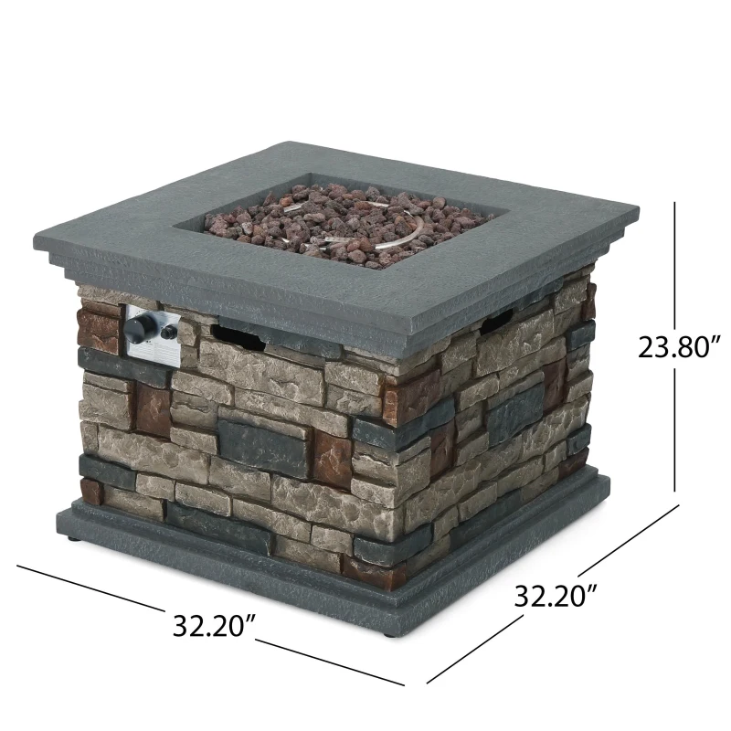 40000 BTU Stone Square MGO Fire Pit with Stylish Square Design, Built-in Tank Space, 32" L x 32" W x 24" H, Stone Gray